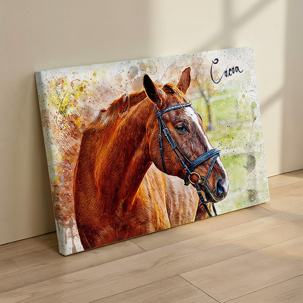 Custom horse watercolor effect canvas wall art titled "Cocoa," personalized equestrian portrait with vibrant warm splashes by Ausome Love Studio.