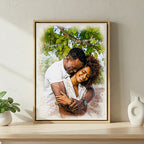 Warm-toned watercolor portrait of a laughing couple in an intimate embrace, showcasing realistic textures and artistic paint splatters by Ausome Love Studio.