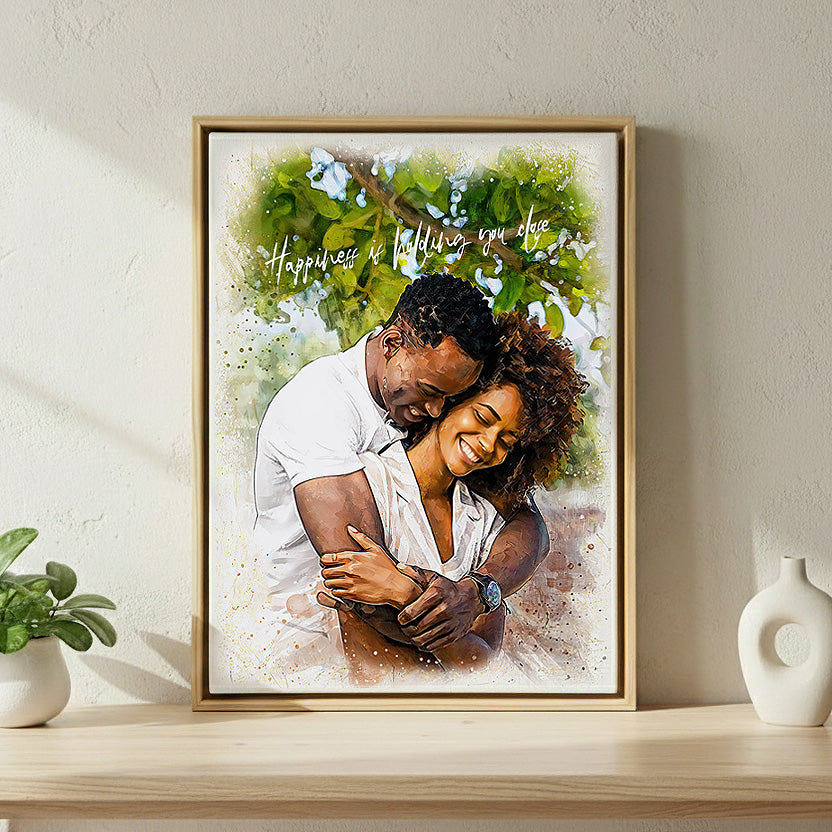 Warm-toned watercolor portrait of a laughing couple in an intimate embrace, showcasing realistic textures and artistic paint splatters by Ausome Love Studio.