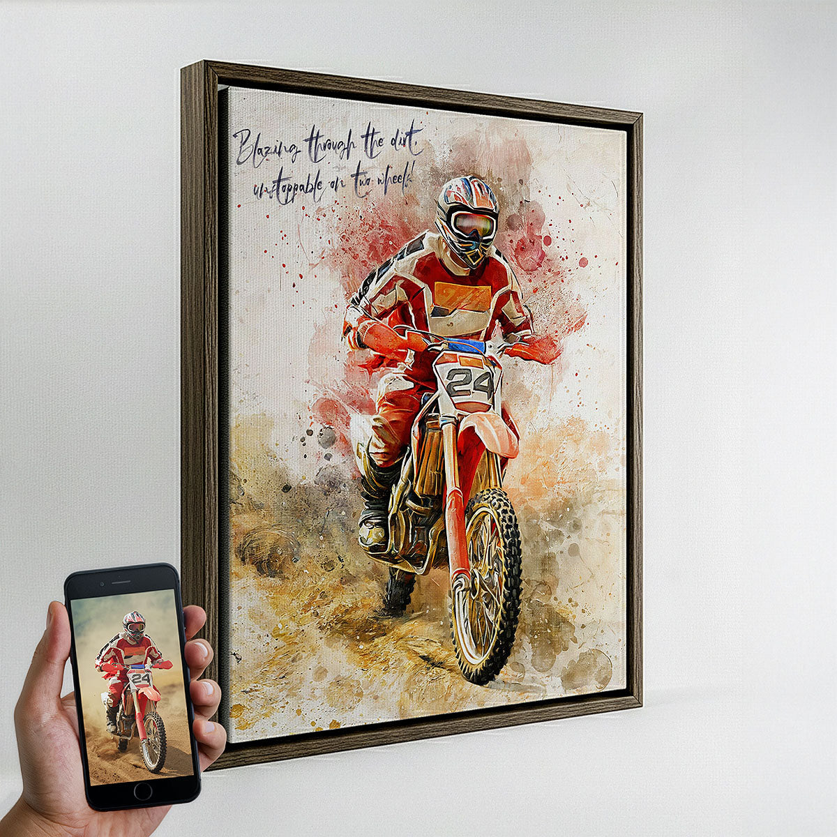 Custom motocross dirt bike watercolour canvas portrait in dark wood floating frame — personalised action wall art made from your photo.