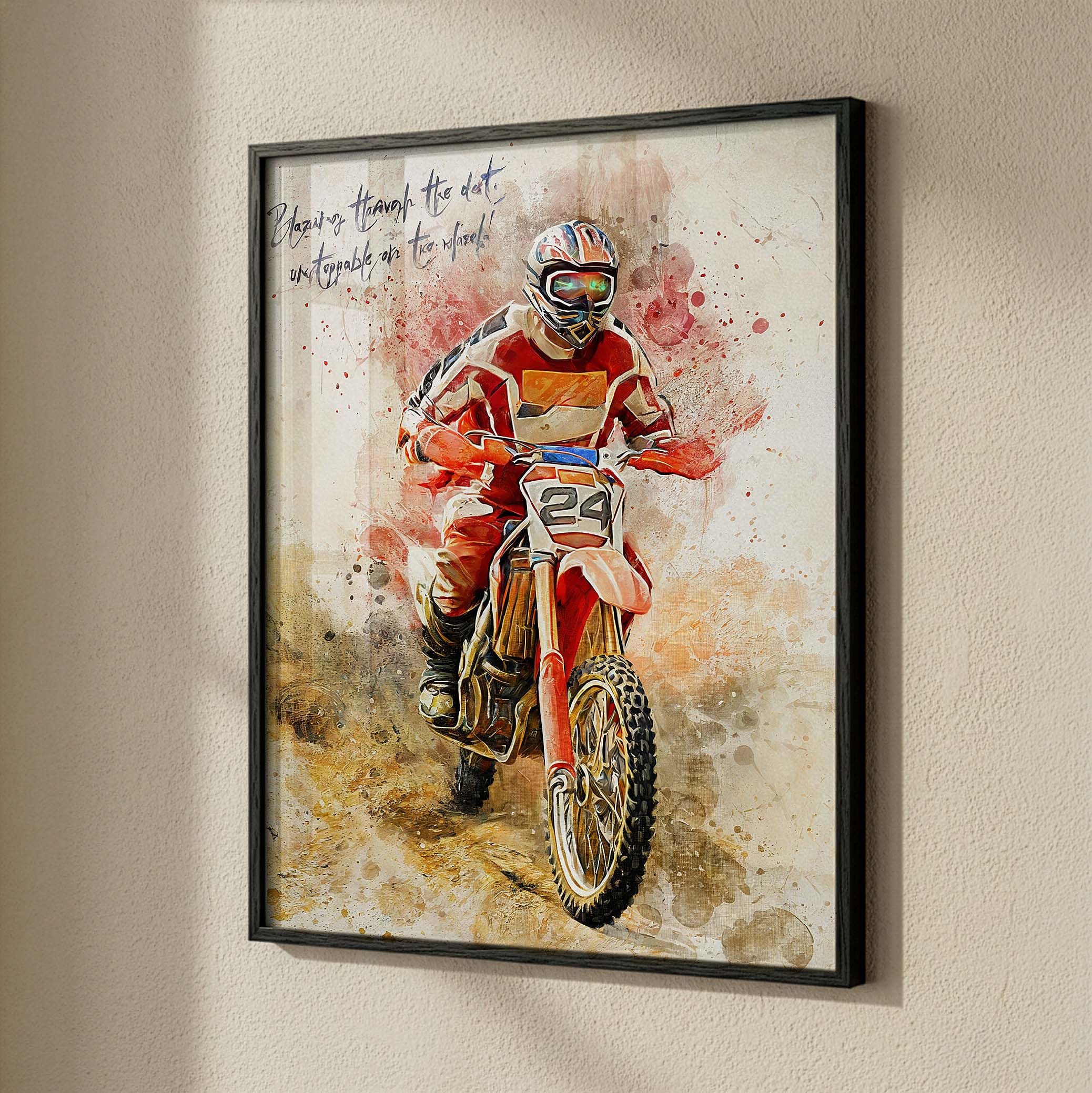 Custom motorcycle portrait on fine art paper in black wood frame — personalised motocross dirt bike watercolour wall art, made from your photo.