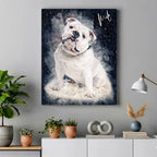 Custom white English Bulldog watercolour portrait on premium canvas — personalised pet wall art shown as decor in a minimalist living room.