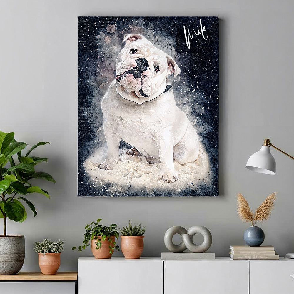 Custom white English Bulldog watercolour portrait on premium canvas — personalised pet wall art shown as decor in a minimalist living room.