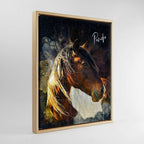 Custom bay horse watercolor portrait wall art titled "Pancho" in a natural wood floater frame, personalized equestrian home decor by Ausome Love Studio.