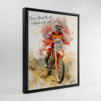 Custom motocross dirt bike watercolour canvas in black wood frame — personalised motorcycle wall art made from your action photo.