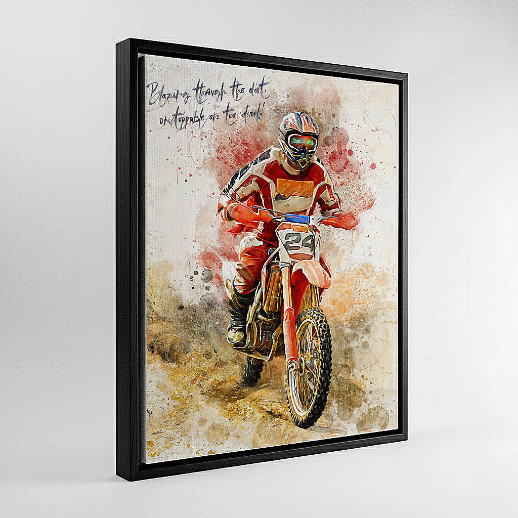 Custom motocross dirt bike watercolour canvas in black wood frame — personalised motorcycle wall art made from your action photo.