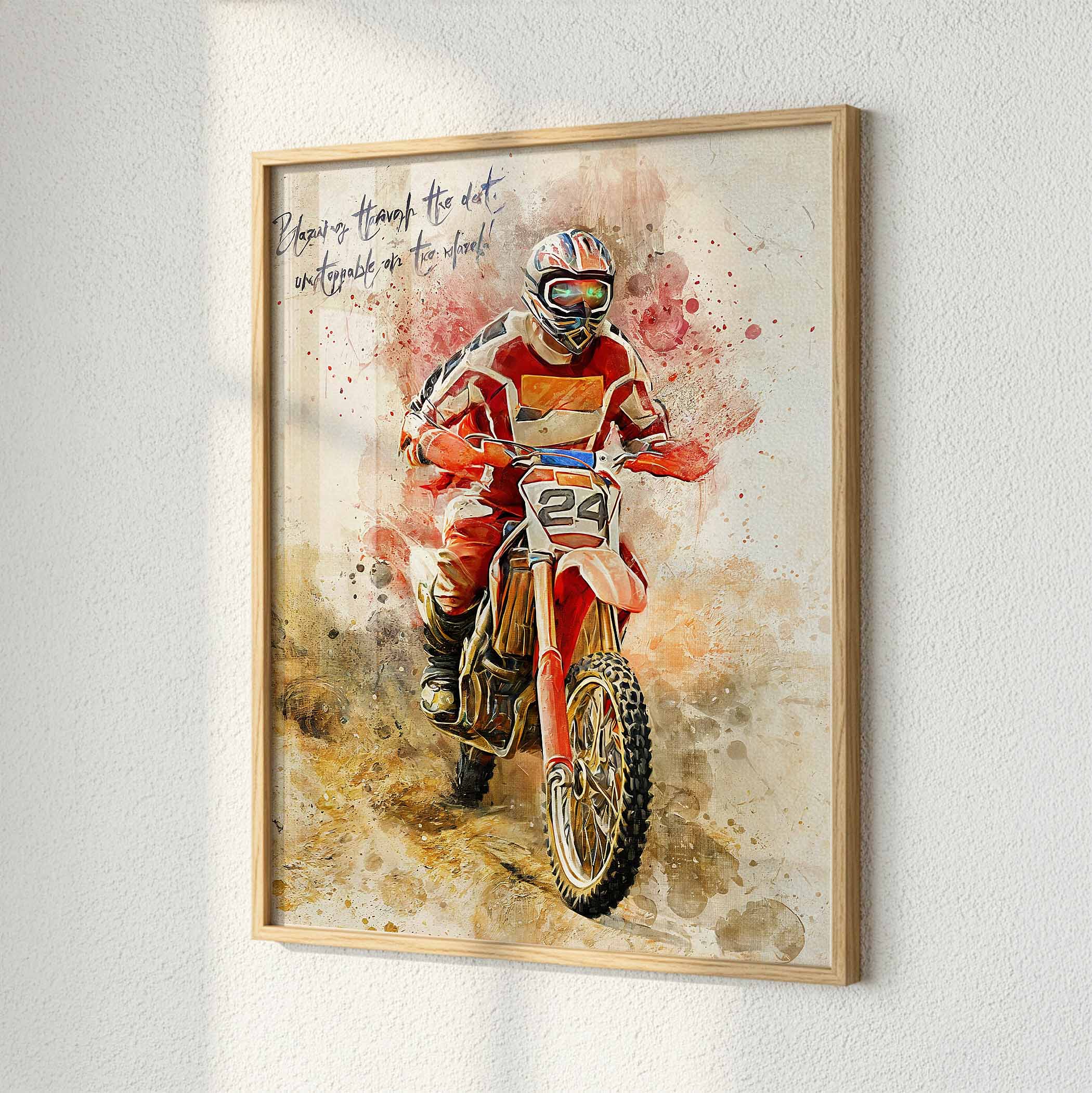 Custom motorcycle portrait on fine art paper in natural wood frame — personalised motocross dirt bike watercolour wall art with motivational quote, made from your photo.