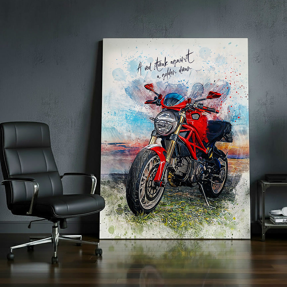 Custom Ducati-style sport bike watercolour canvas portrait — personalised motorcycle wall art with motivational quote in modern office setting.