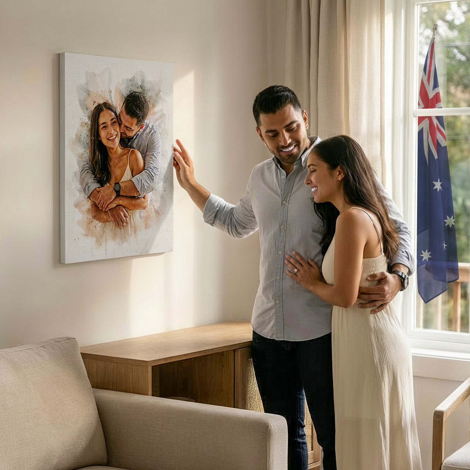 A happy couple admiring a large custom canvas print from Ausome Love Studio featuring their romantic portrait with a watercolor effect, displayed as living room wall art