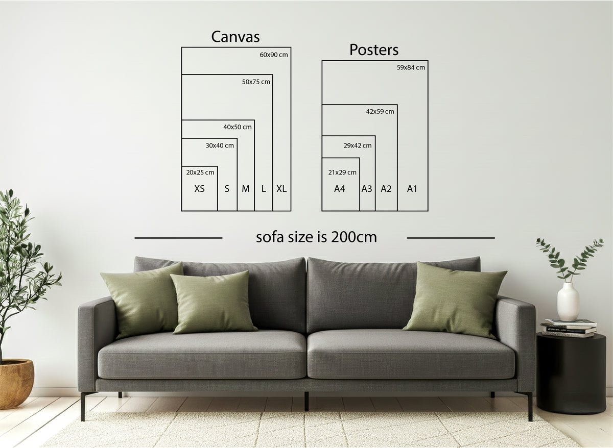 Size guide showing canvas sizes from XS 20x25cm to XL 60x90cm and poster sizes A4 to A1, scaled against a 200cm sofa for reference
