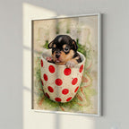 Custom Chihuahua puppy in teacup watercolour portrait on fine art paper in white wood framed poster — personalised dog wall art.