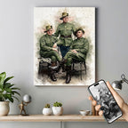 Custom military heritage watercolor wall art by Ausome Love Studio, showing three vintage WWI soldiers restored from a black and white photo onto a large canvas print hanging in a home office.