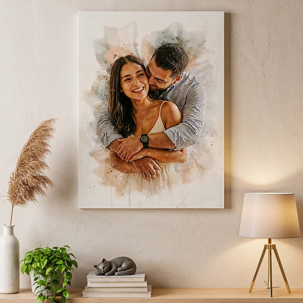 Ausome Love Studio custom watercolor canvas print of a romantic couple, displayed as a textured wall art piece in a modern home interior with warm lighting.