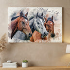 Custom triple horse watercolor portrait wall art titled "Stallion, Mare & Colt" on canvas, personalized equine family herd decor by Ausome Love Studio.