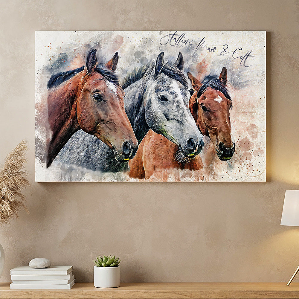 Custom triple horse watercolor portrait wall art titled "Stallion, Mare & Colt" on canvas, personalized equine family herd decor by Ausome Love Studio.