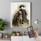 Custom watercolor historical pet and child portrait by Ausome Love Studio, featuring a vintage-style boy and his dog printed on a large gallery-wrapped canvas hanging in a modern living room.