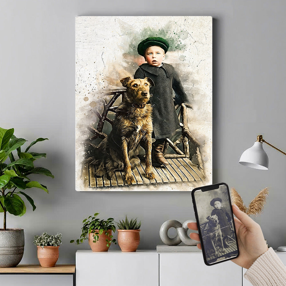 Custom watercolor historical pet and child portrait by Ausome Love Studio, featuring a vintage-style boy and his dog printed on a large gallery-wrapped canvas hanging in a modern living room.