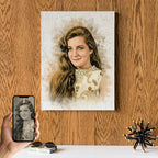 Custom watercolor effect wall art by Ausome Love Studio showing a restored vintage portrait of a woman with long wavy hair, printed on canvas and displayed on a wood-textured wall.