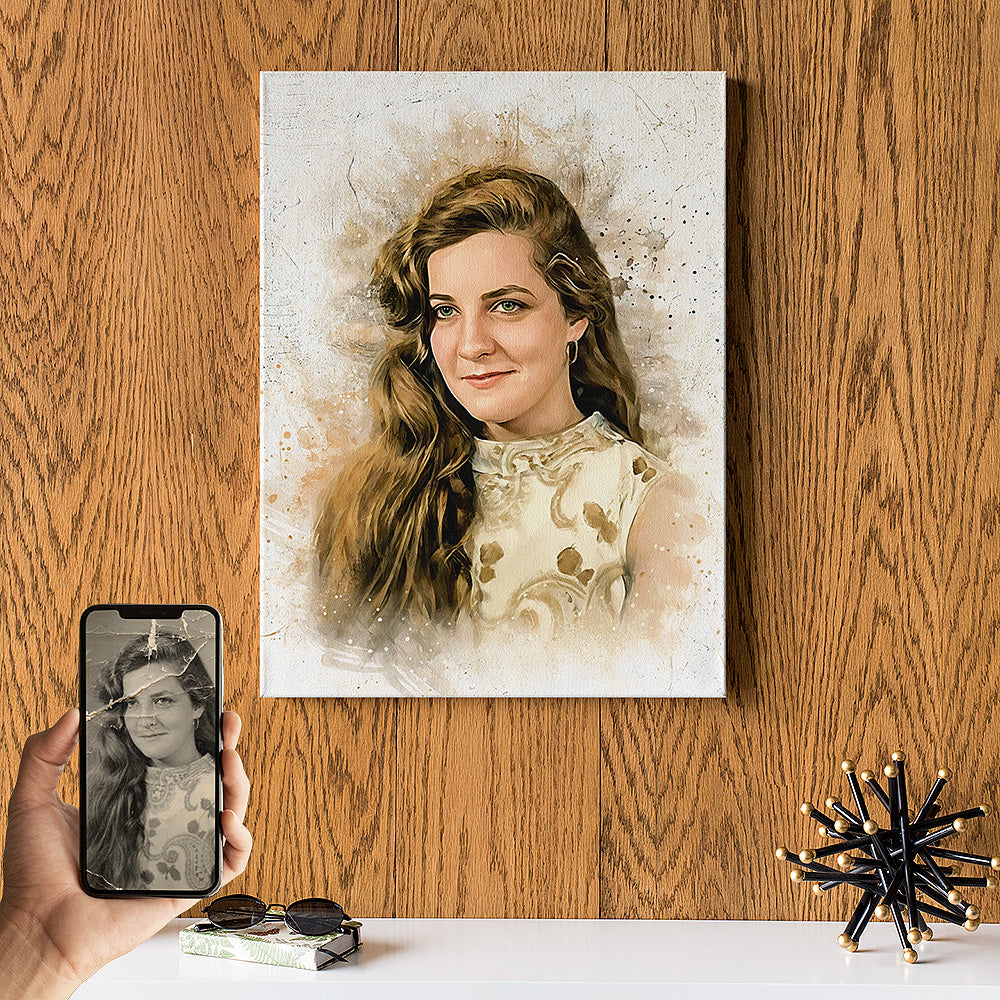 Custom watercolor effect wall art by Ausome Love Studio showing a restored vintage portrait of a woman with long wavy hair, printed on canvas and displayed on a wood-textured wall.