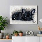 Custom black French Bulldog watercolour portrait on premium canvas — personalised dog wall art titled 'Pierre', shown as horizontal canvas above a sideboard.
