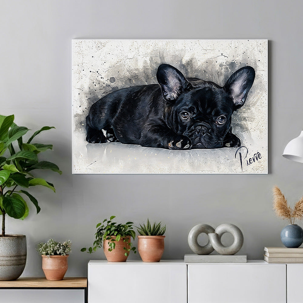 Custom black French Bulldog watercolour portrait on premium canvas — personalised dog wall art titled 'Pierre', shown as horizontal canvas above a sideboard.