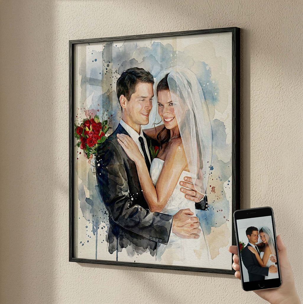 Custom wedding portrait by Ausome Love Studio featuring a watercolor effect printed on wall art, showing a bride and groom in a black frame next to the original photo on a phone.