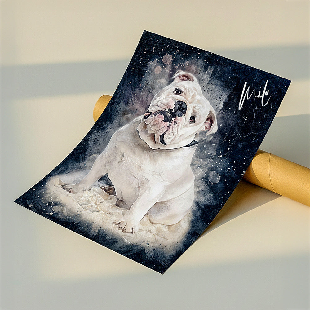 Custom white English Bulldog watercolour portrait on fine art paper — personalised pet wall art titled 'Milo', made from your dog's photo. Main image