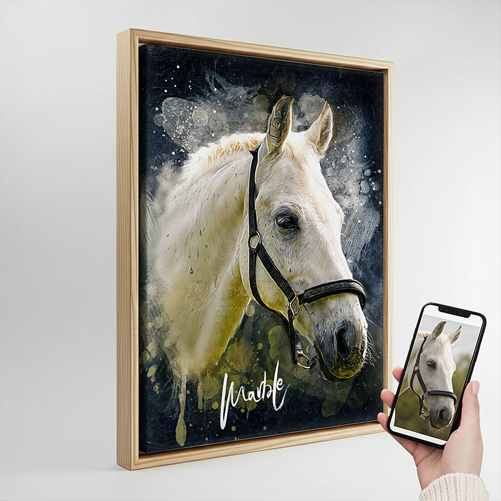 Custom white horse watercolor portrait wall art titled "Marble" in a light wood floater frame, personalized photo-to-canvas pet art by Ausome Love Studio.