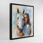 Framed custom watercolor portrait of a woman and white horse, personalized equestrian wall art for home decor by Ausome Love Studio.