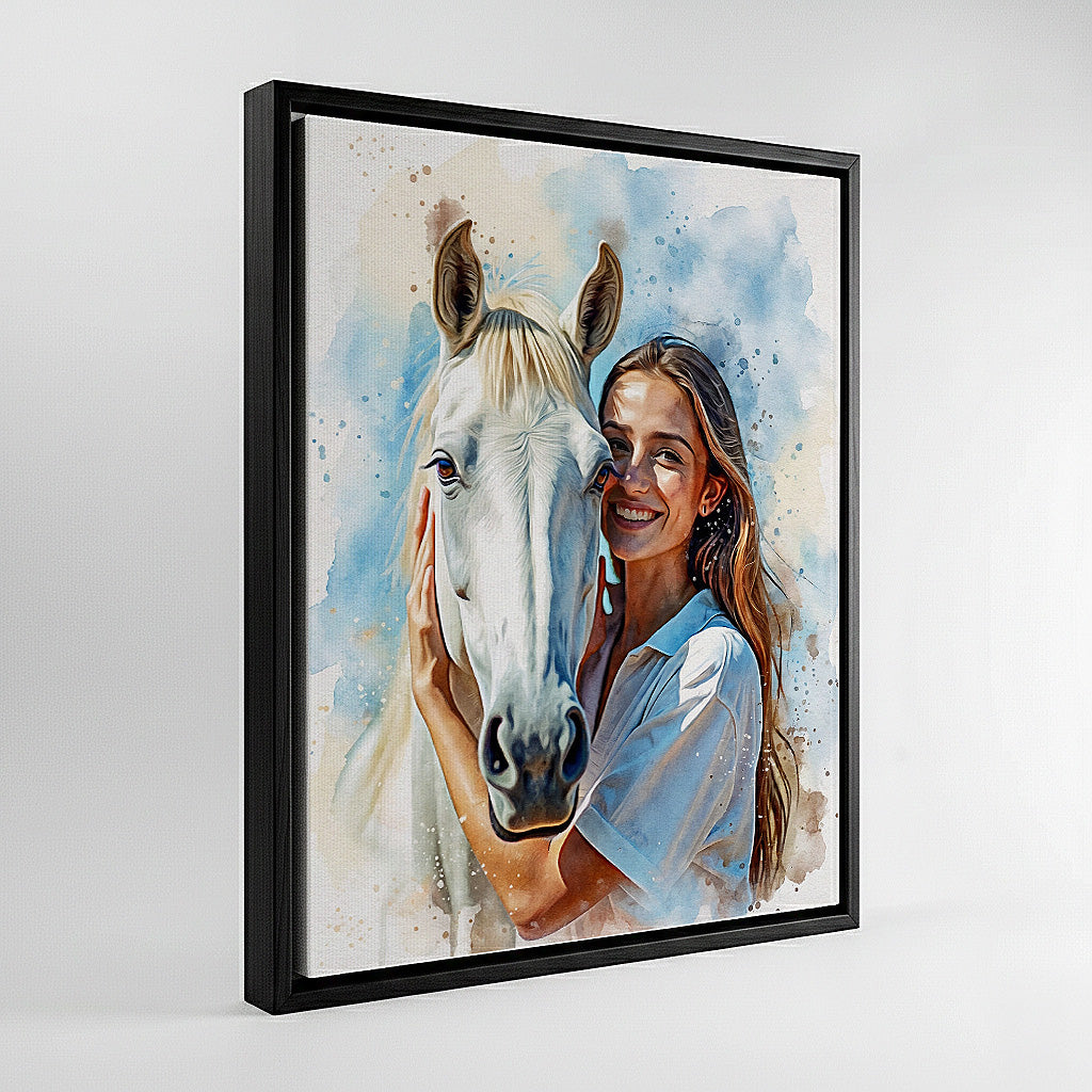 Framed custom watercolor portrait of a woman and white horse, personalized equestrian wall art for home decor by Ausome Love Studio.