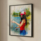 Custom female fishing watercolour portrait — personalised sports wall art on fine art paper in black frame, made from your reference photo.