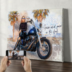 Custom woman on cruiser motorcycle watercolour canvas — personalised biker wall art with palm trees and motivational quote, shown with original photo reference.