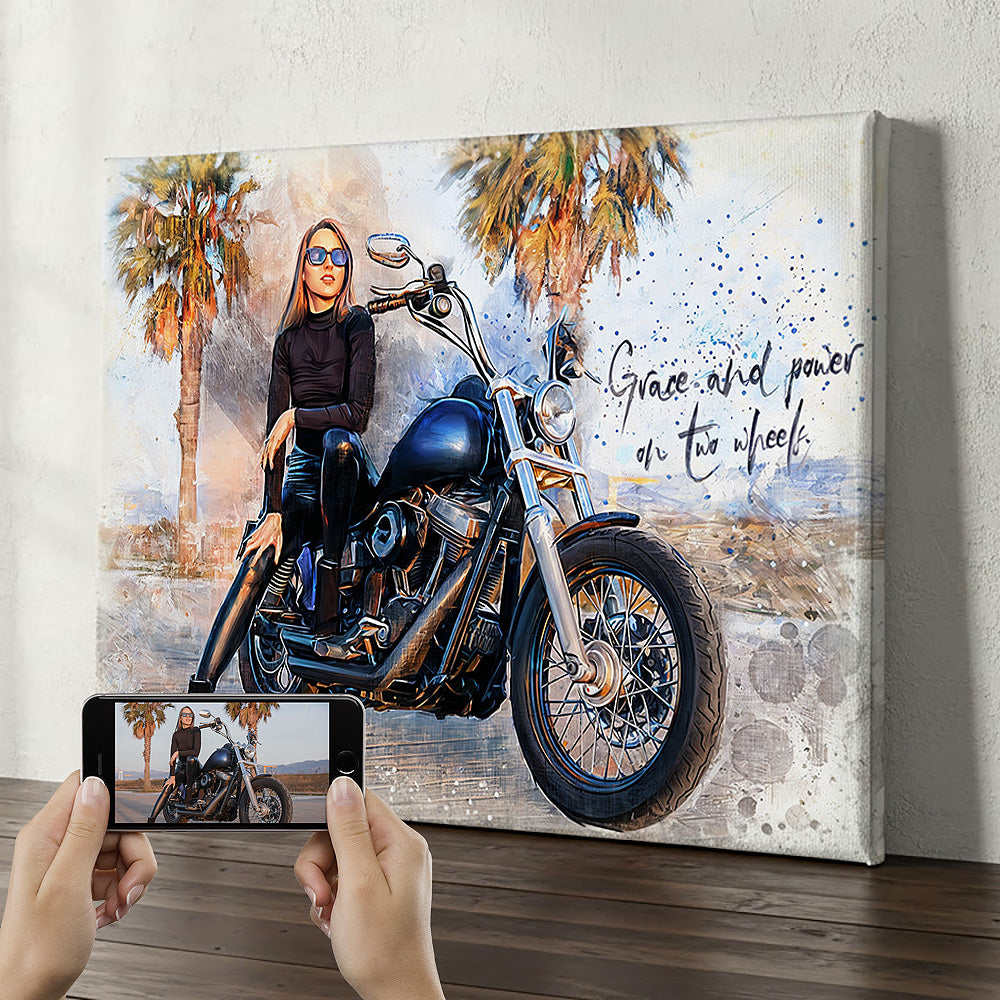 Custom woman on cruiser motorcycle watercolour canvas — personalised biker wall art with palm trees and motivational quote, shown with original photo reference.