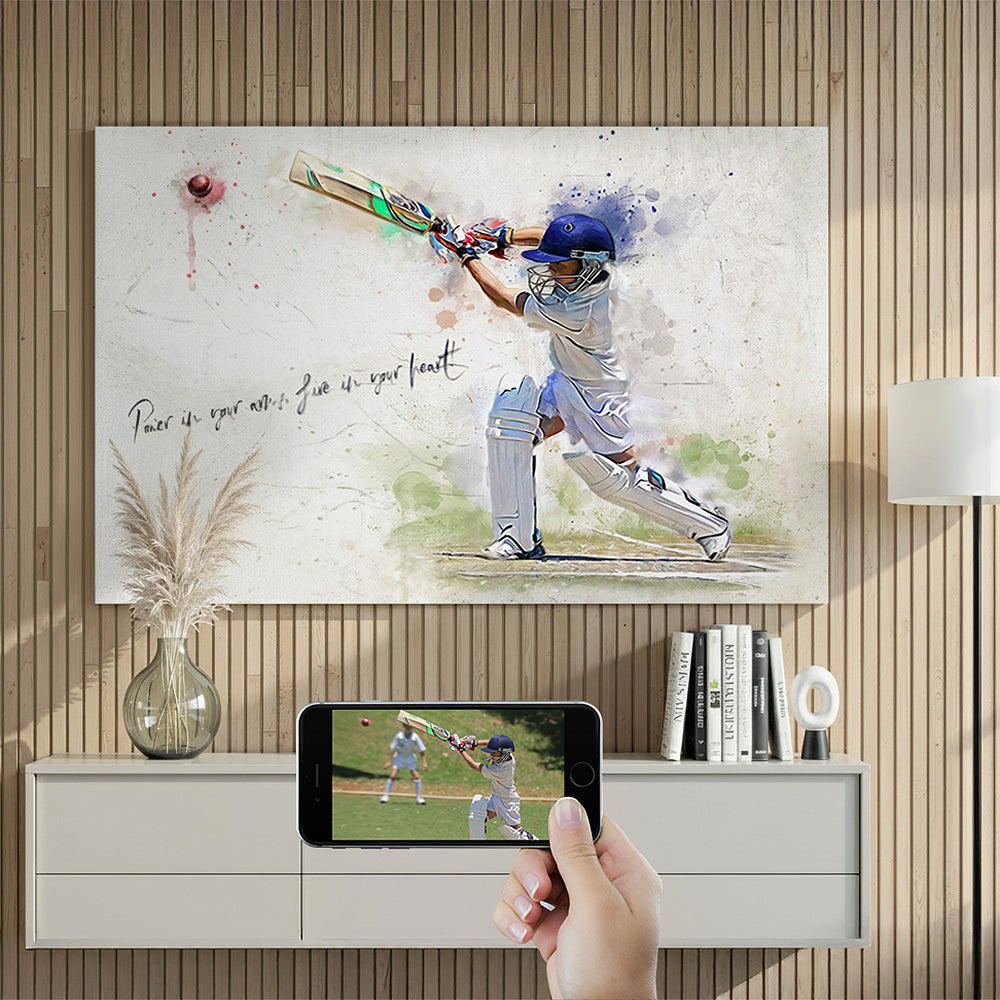 Custom youth cricket player watercolour portrait — personalised sports wall art canvas with motivational quote, ideal as a junior athlete gift.