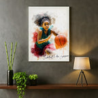 Custom youth female basketball player watercolour portrait — personalised sports wall art canvas with motivational quote in a modern home interior.