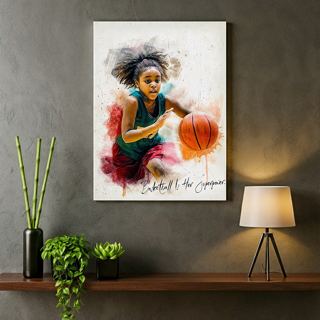 Custom youth female basketball player watercolour portrait — personalised sports wall art canvas with motivational quote in a modern home interior.