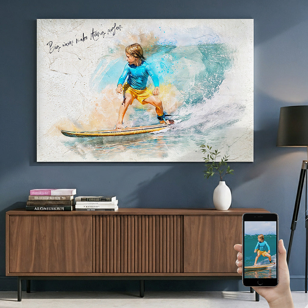 Custom youth surfer watercolour portrait — personalised sports wall art canvas with motivational quote, displayed as wall decor in a modern living room.