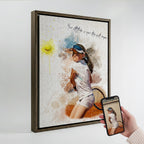 Custom youth tennis player watercolour portrait — personalised sports wall art canvas with motivational quote, made from your reference photo.